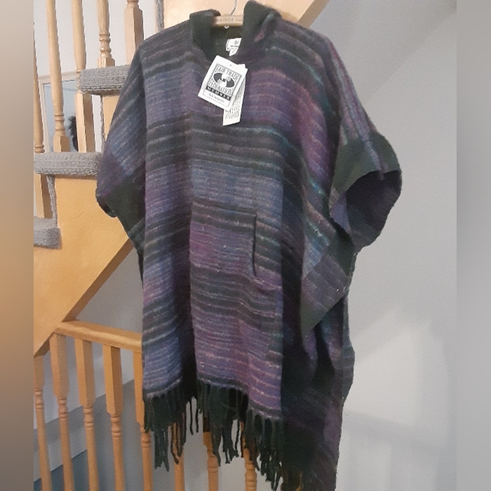 NWT Ark Imports Fairtrade Boho Fringe Poncho Purple/Blue/Green-Women's One Size